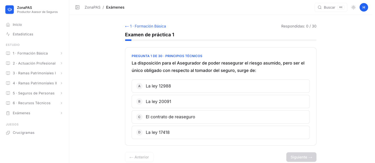 Un examen de práctica de ZonaPAS, con la pregunta 1 y sus cuatro opciones
